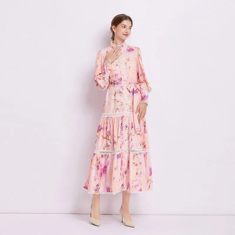 CM-DY082279 Women Elegant European Style Stand Collar Pinched Waist Dress - Pink