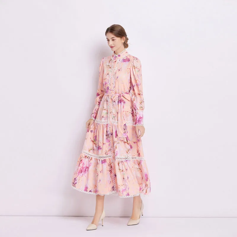 CM-DY082279 Women Elegant European Style Stand Collar Pinched Waist Dress - Pink