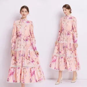 CM-DY082279 Women Elegant European Style Stand Collar Pinched Waist Dress - Pink