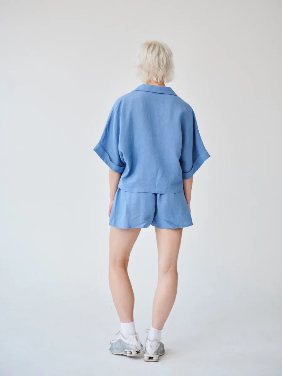 Cornflower Blue Linen Shorts and Shirt Set