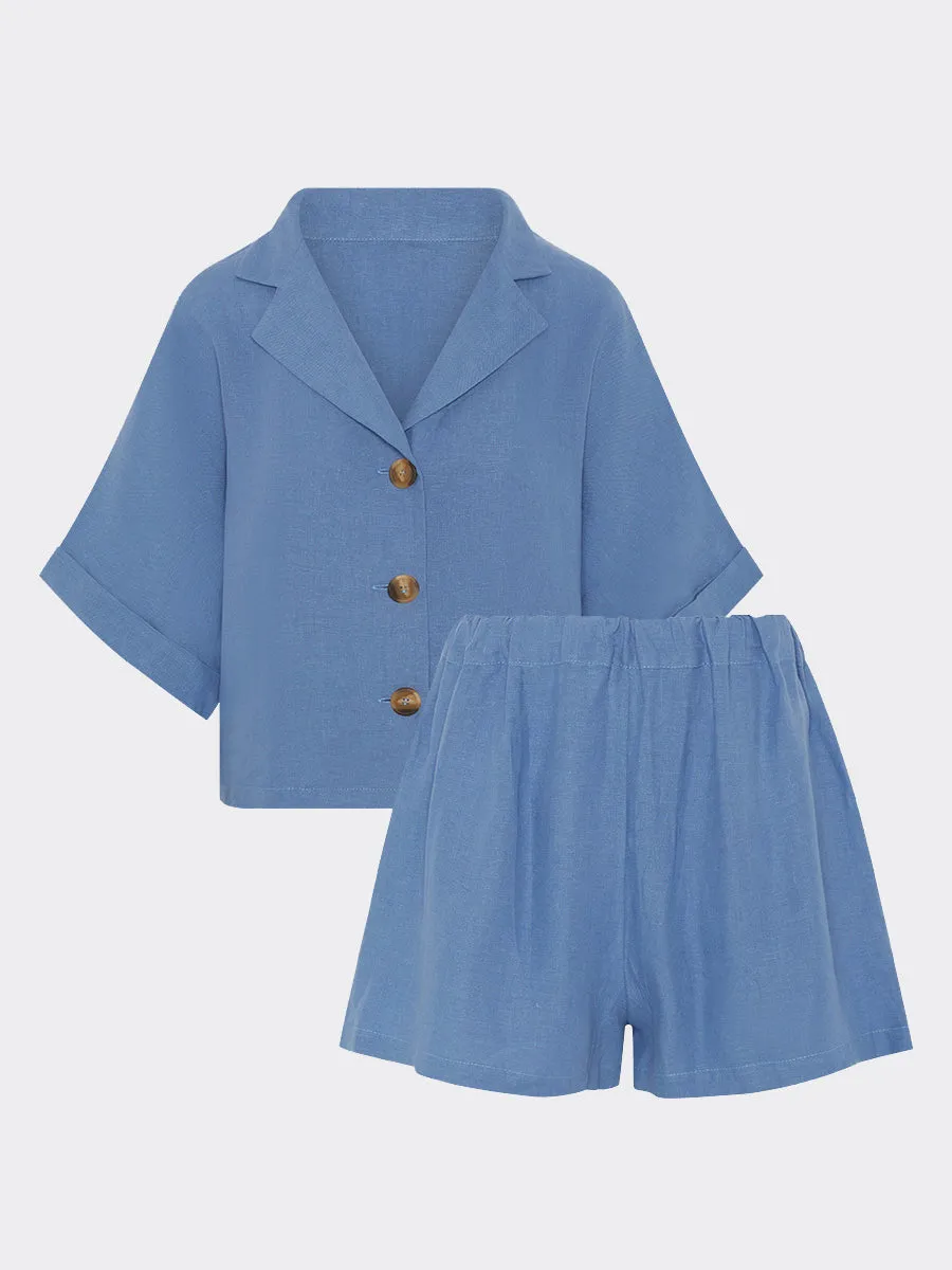 Cornflower Blue Linen Shorts and Shirt Set