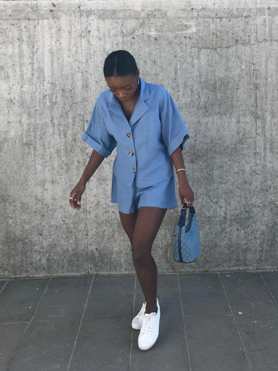 Cornflower Blue Linen Shorts and Shirt Set