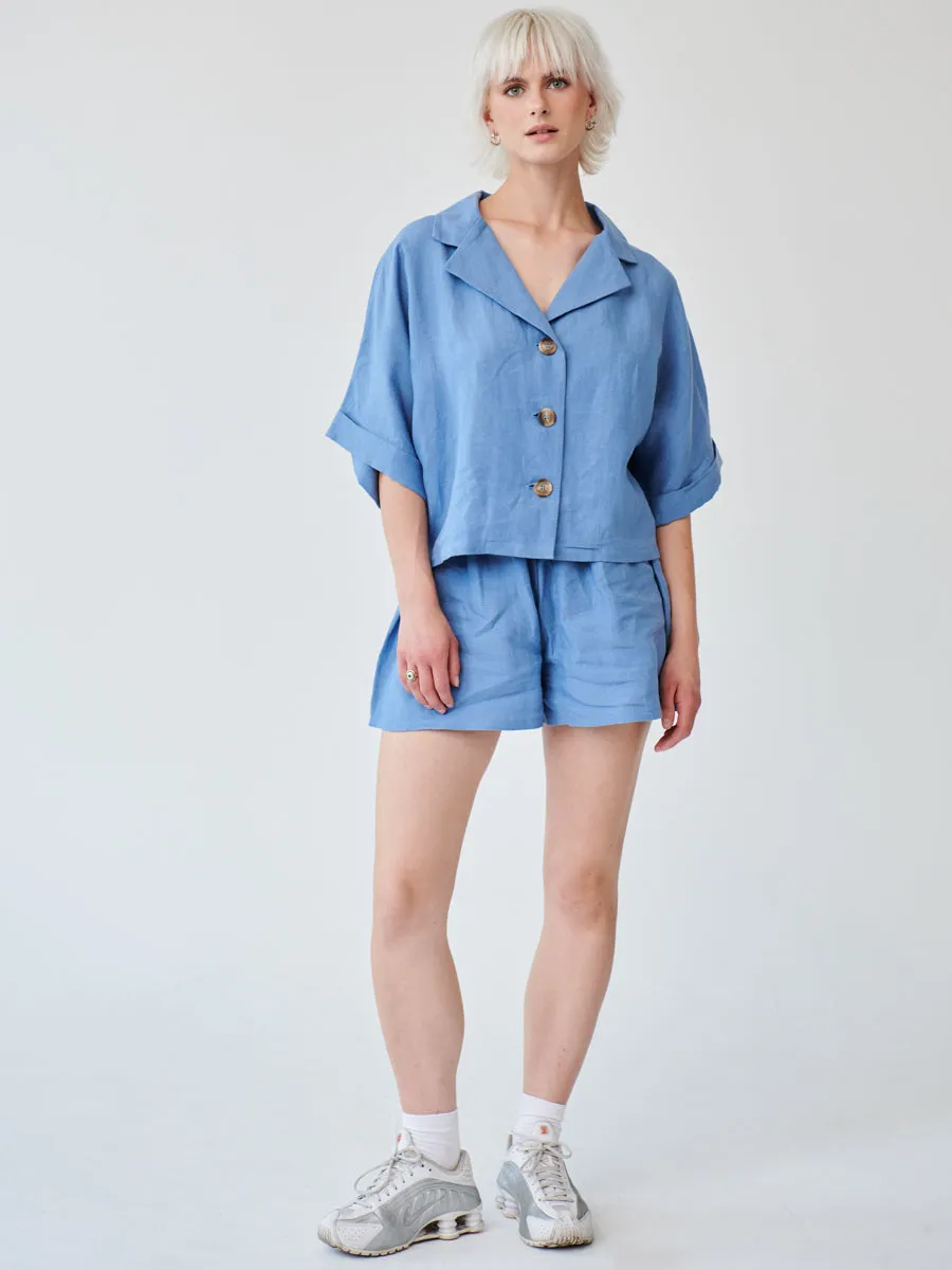 Cornflower Blue Linen Shorts and Shirt Set