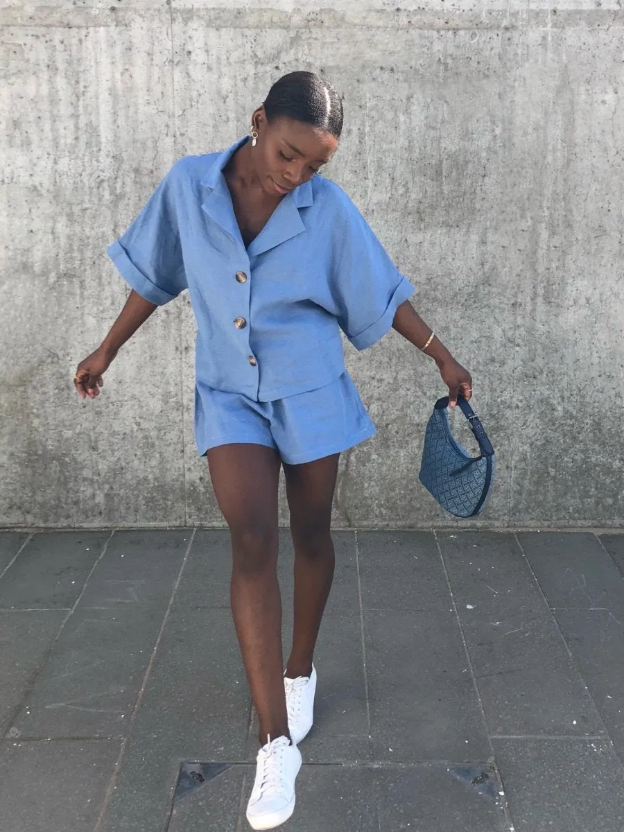 Cornflower Blue Linen Shorts and Shirt Set