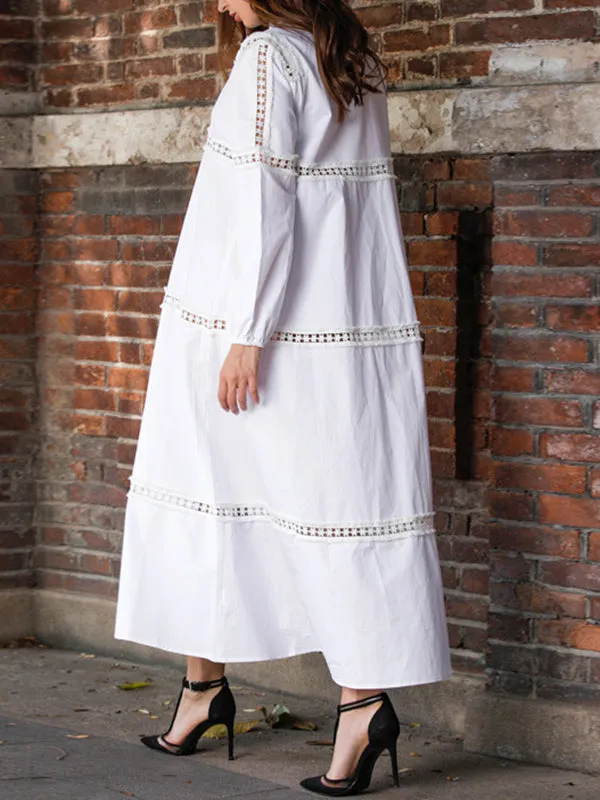 Cotton Lace Stitching V-neck Cutout Bohemian Dress