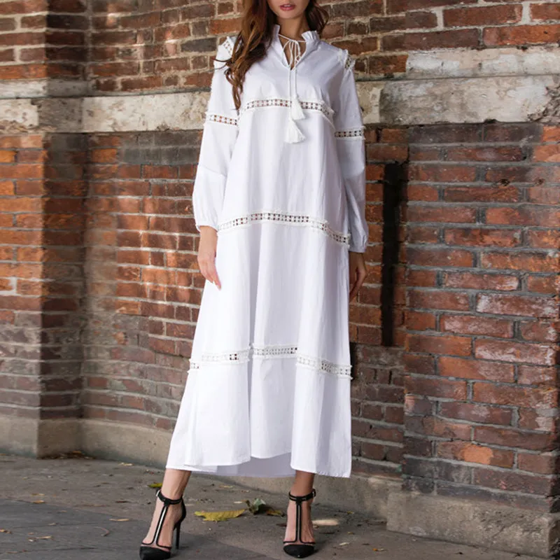 Cotton Lace Stitching V-neck Cutout Bohemian Dress