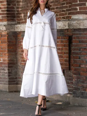 Cotton Lace Stitching V-neck Cutout Bohemian Dress