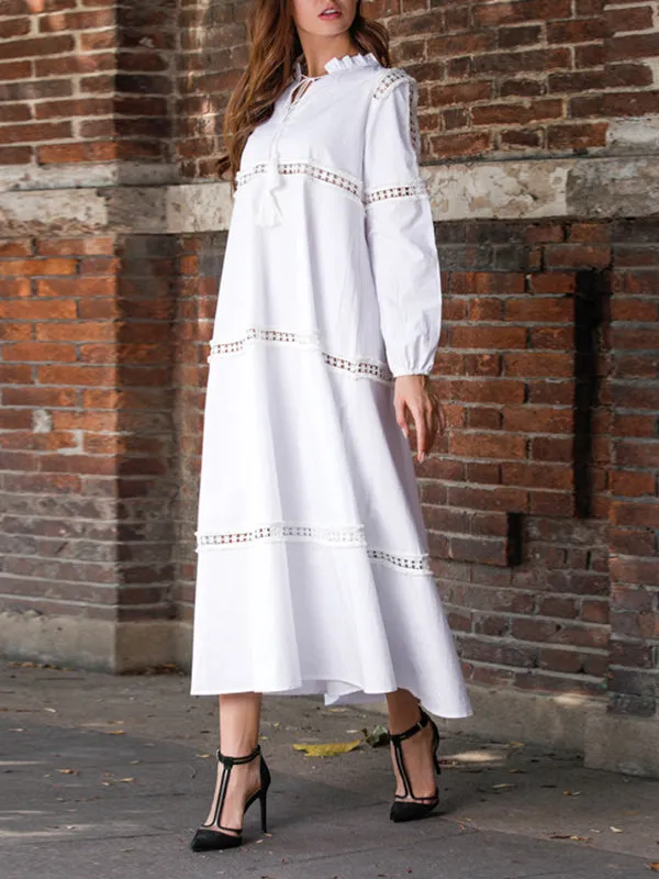 Cotton Lace Stitching V-neck Cutout Bohemian Dress