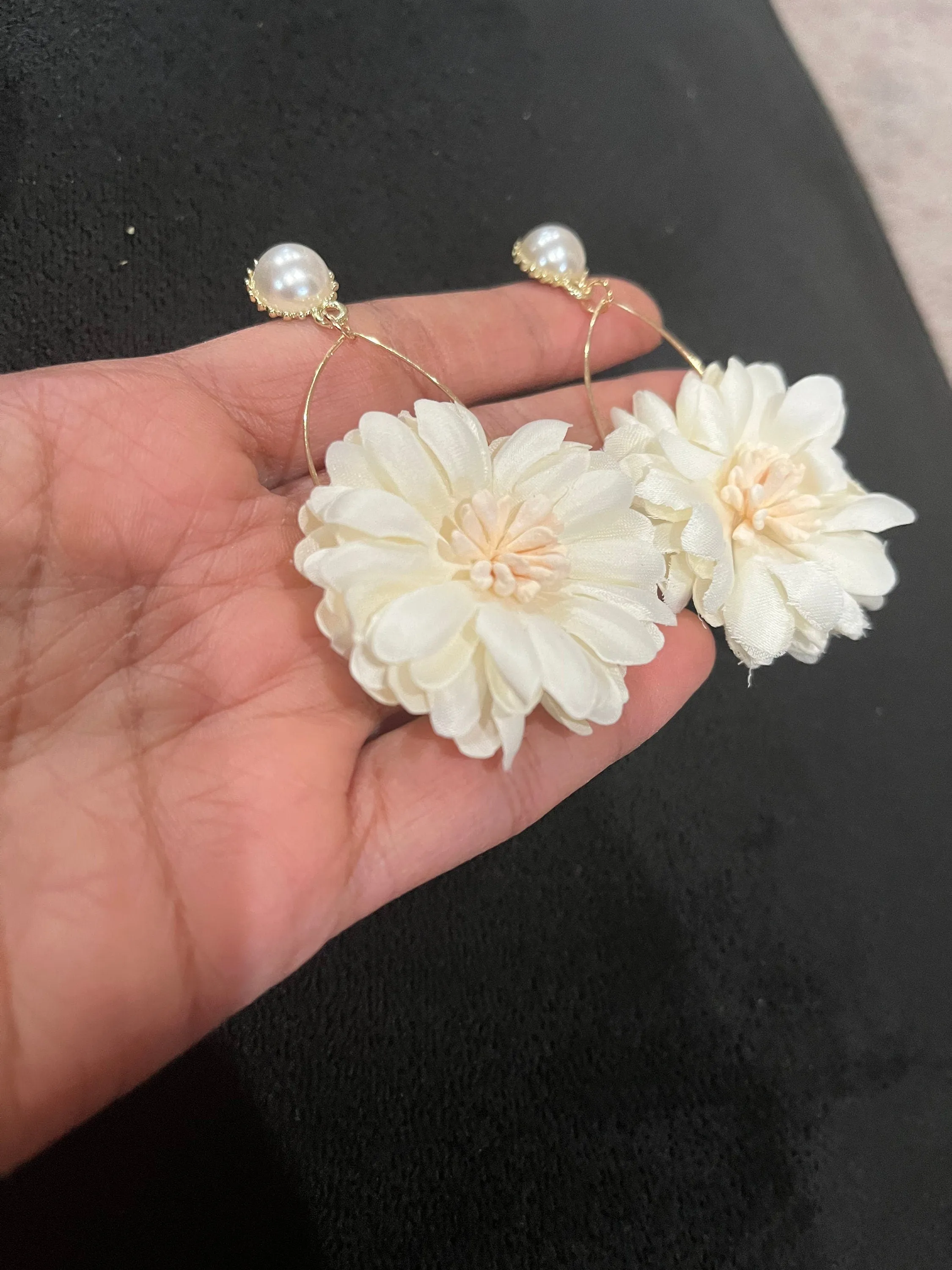 Cream flower earrings , cream off white feathered earrings , Pearl White earrings , fabric  earrings , long white earrings floral