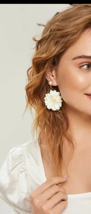 Cream flower earrings , cream off white feathered earrings , Pearl White earrings , fabric  earrings , long white earrings floral