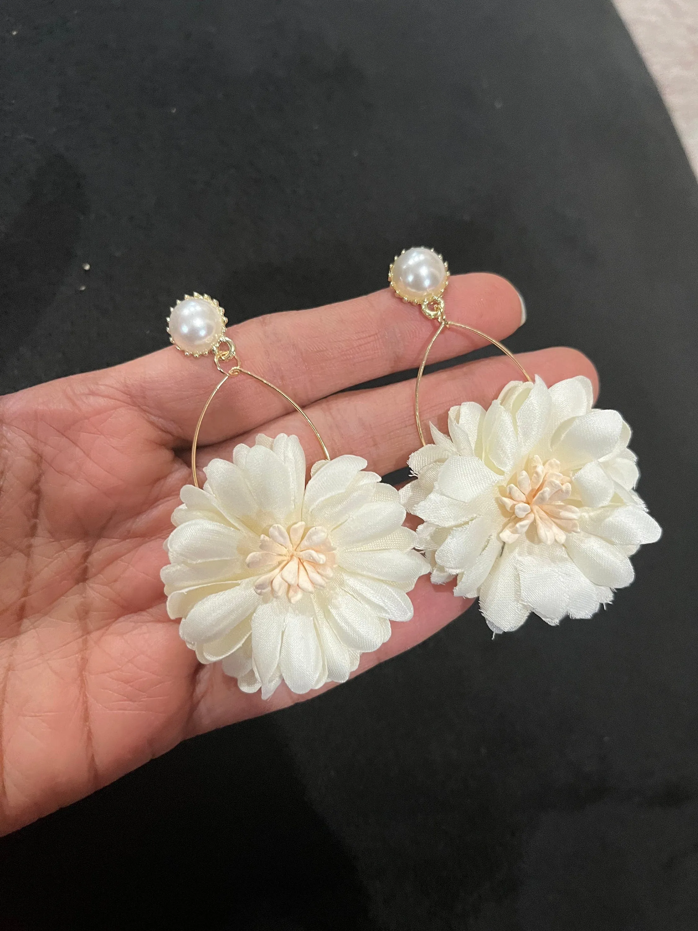 Cream flower earrings , cream off white feathered earrings , Pearl White earrings , fabric  earrings , long white earrings floral