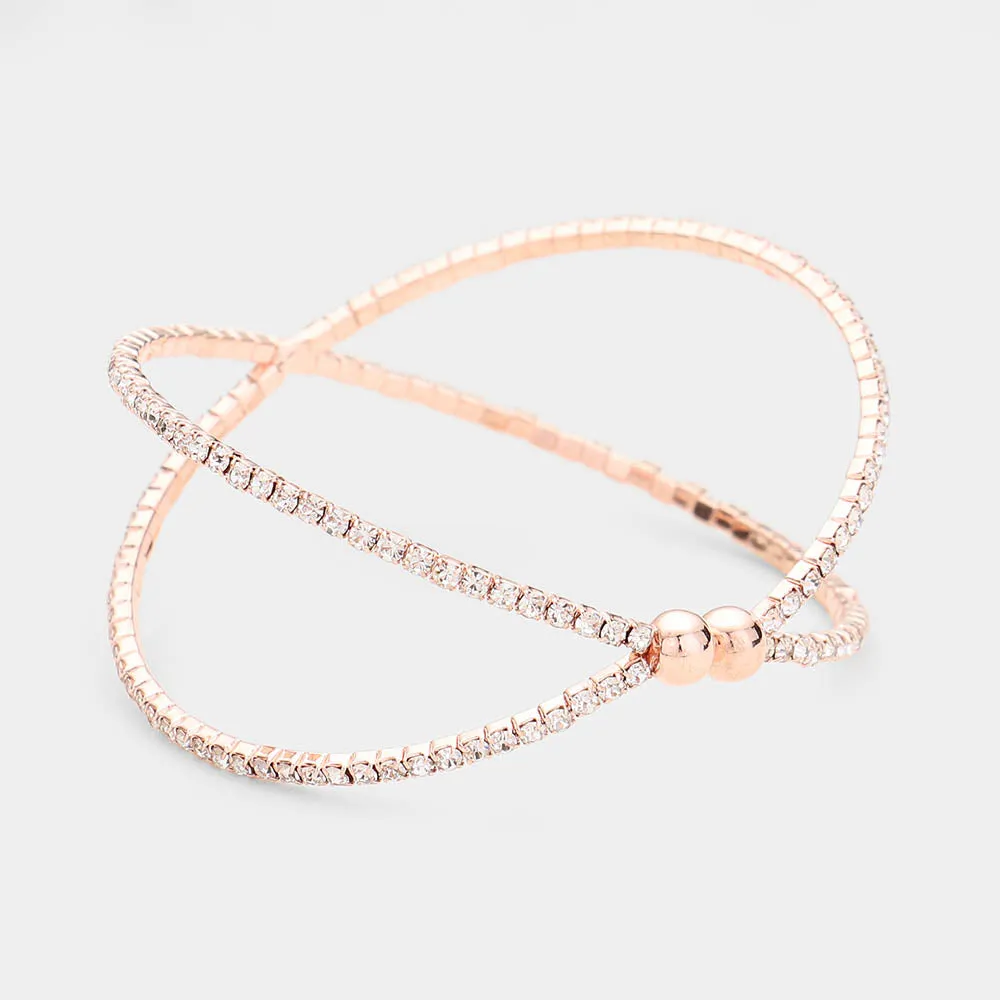 Criss Cross Clear Rhinestone Cuff Bracelet on Rose Gold  |  464777