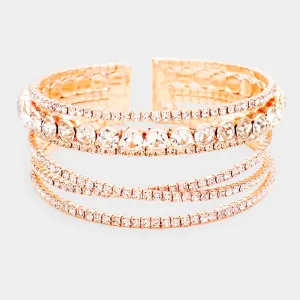 Crisscross Clear Crystal Rhinestone and Round Stone Cuff Bracelet on Rose Gold | 425590