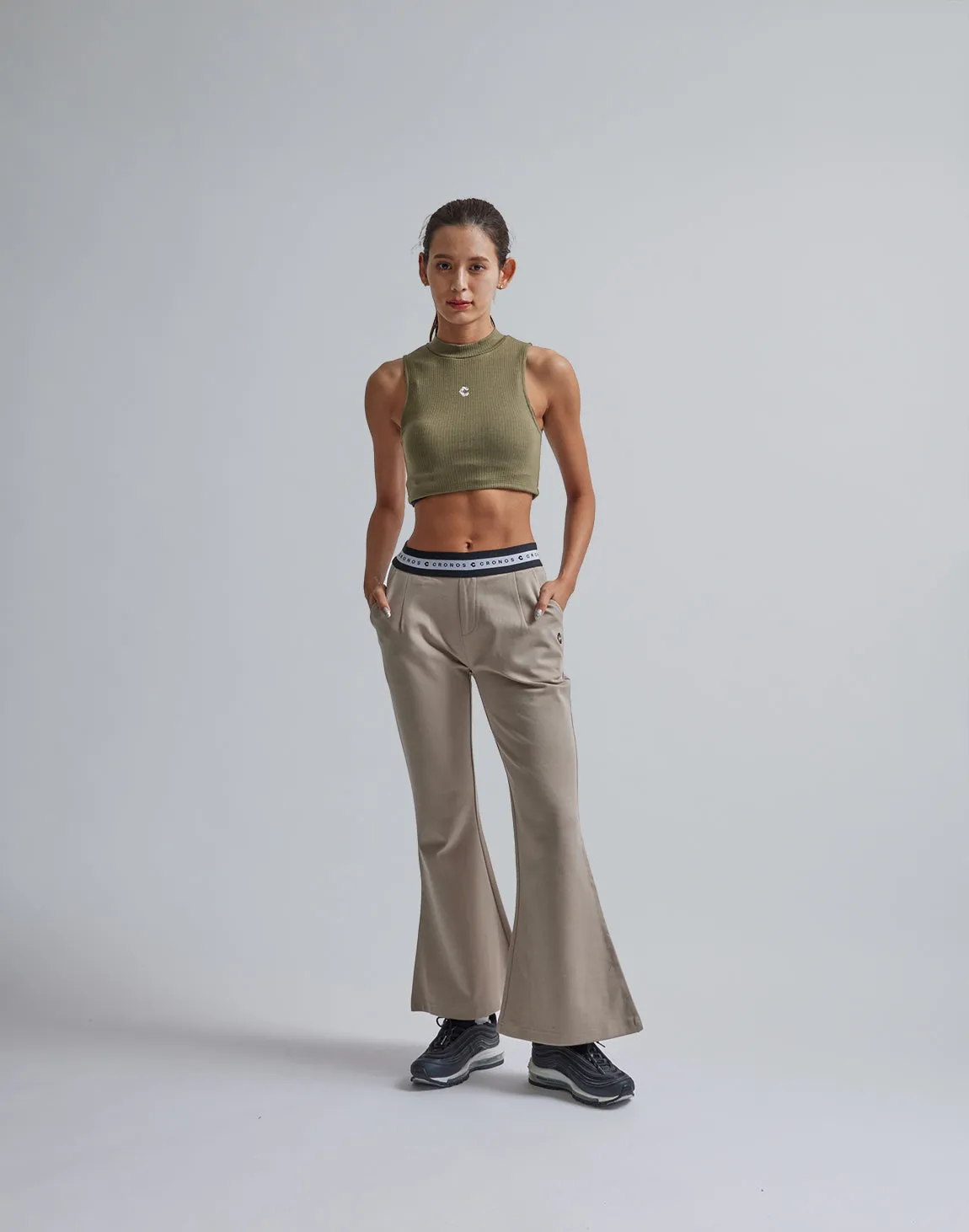 CRONOS WOMEN CALF LOGO FLARE PANTS【BEIGE】