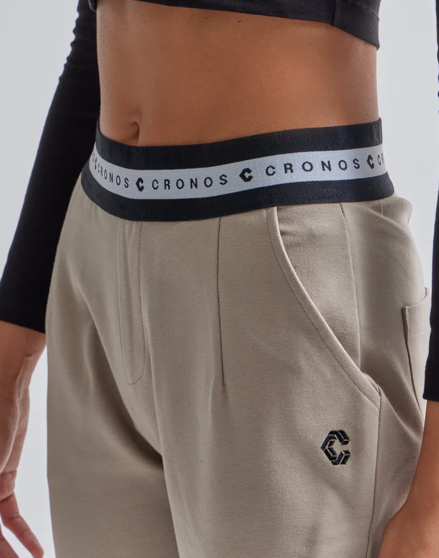 CRONOS WOMEN CALF LOGO FLARE PANTS【BEIGE】