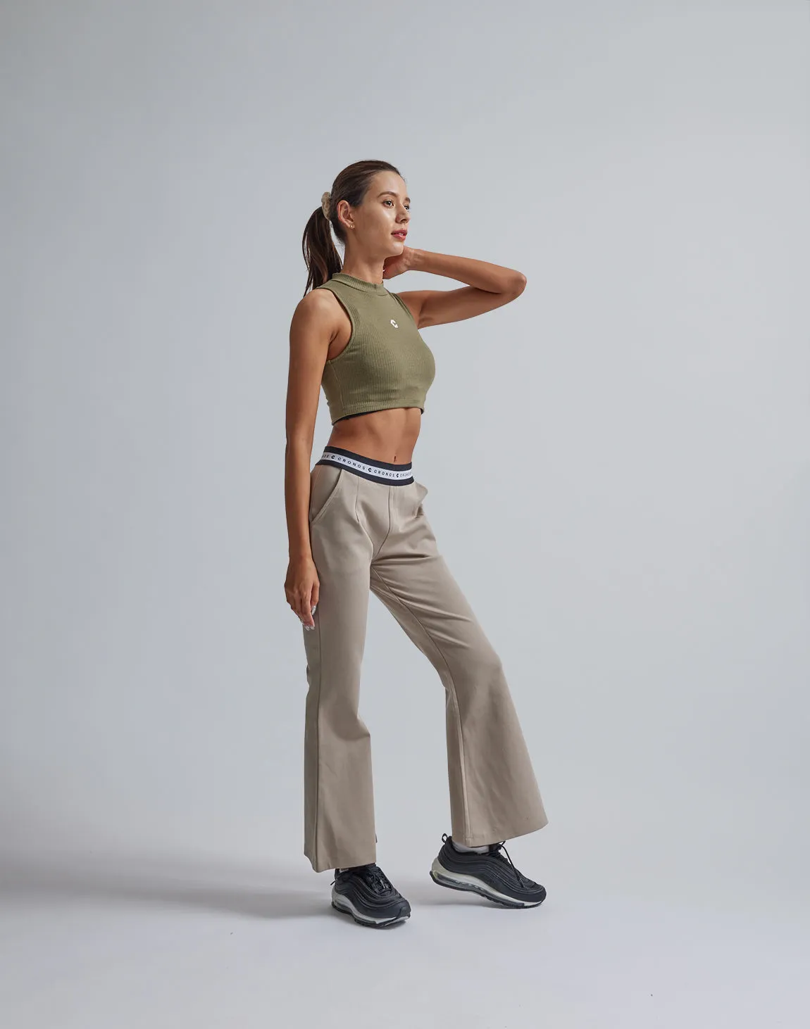 CRONOS WOMEN CALF LOGO FLARE PANTS【BEIGE】
