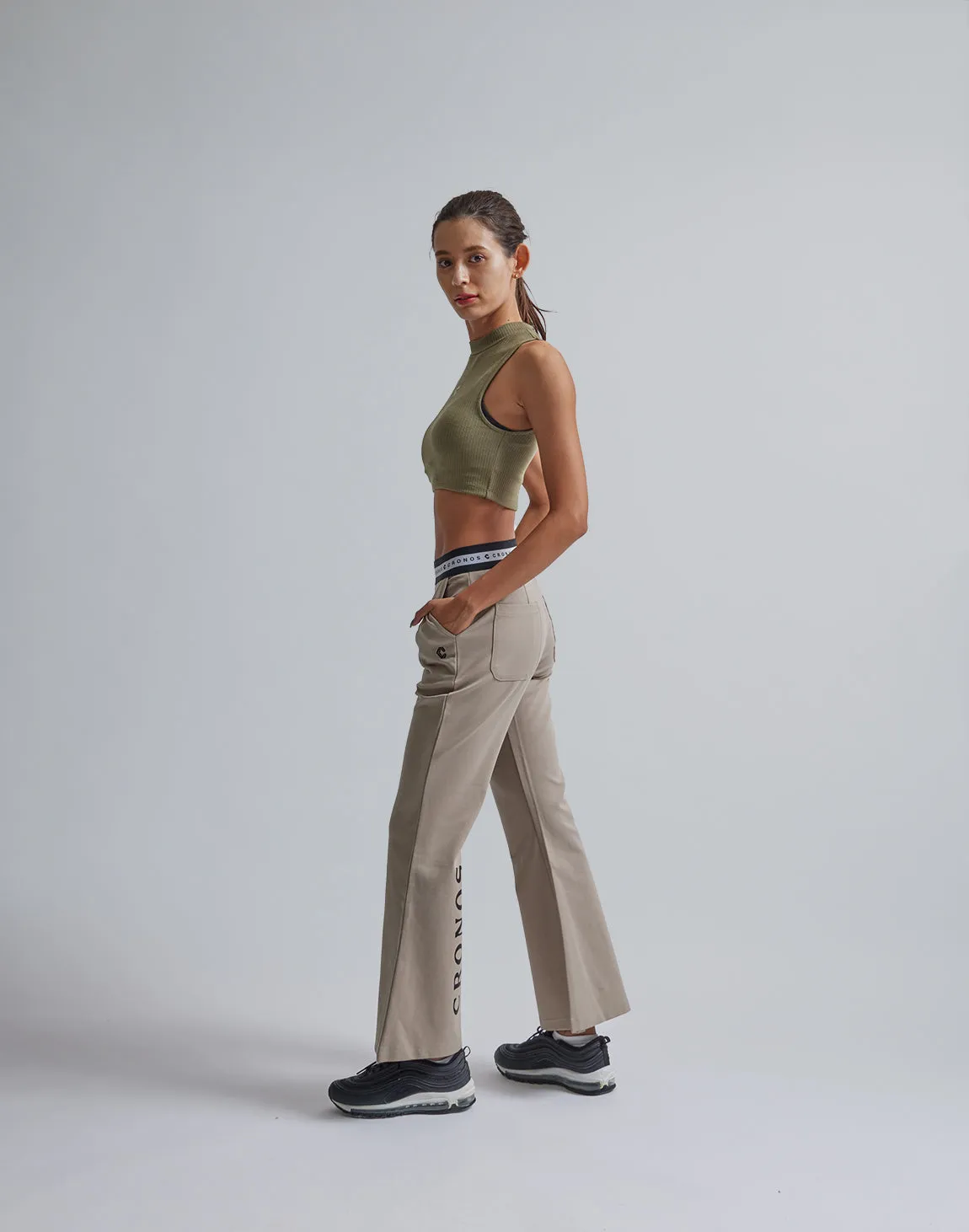 CRONOS WOMEN CALF LOGO FLARE PANTS【BEIGE】
