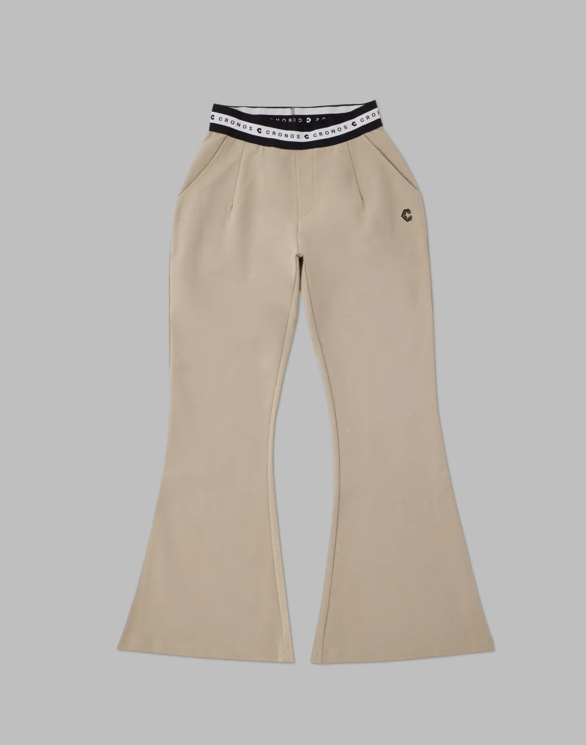 CRONOS WOMEN CALF LOGO FLARE PANTS【BEIGE】