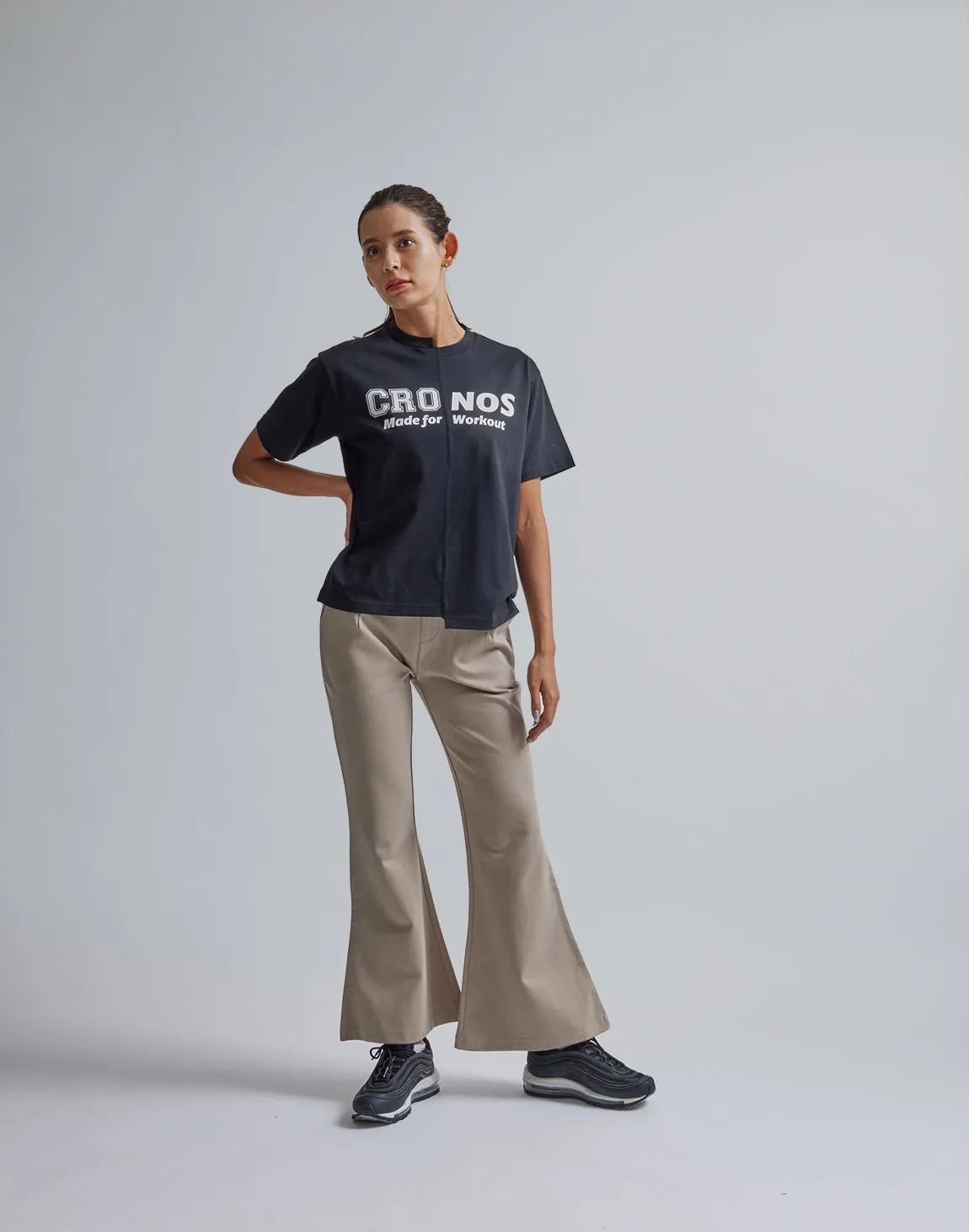 CRONOS WOMEN CALF LOGO FLARE PANTS【BEIGE】