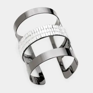 Crystal Baguette Stones on Hematite Split Layer Cage Cuff Bracelet  | Pageant Bracelet | 454131