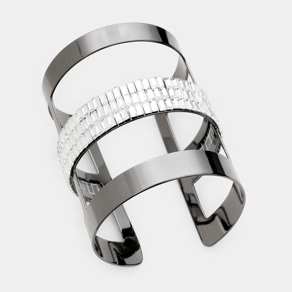 Crystal Baguette Stones on Hematite Split Layer Cage Cuff Bracelet  | Pageant Bracelet | 454131