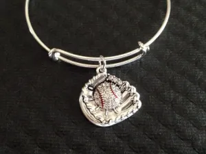 Crystal Baseball Mitt Charm on a Silver Expandable Bangle Bracelet Sports Team Coach Gift Adjustable
