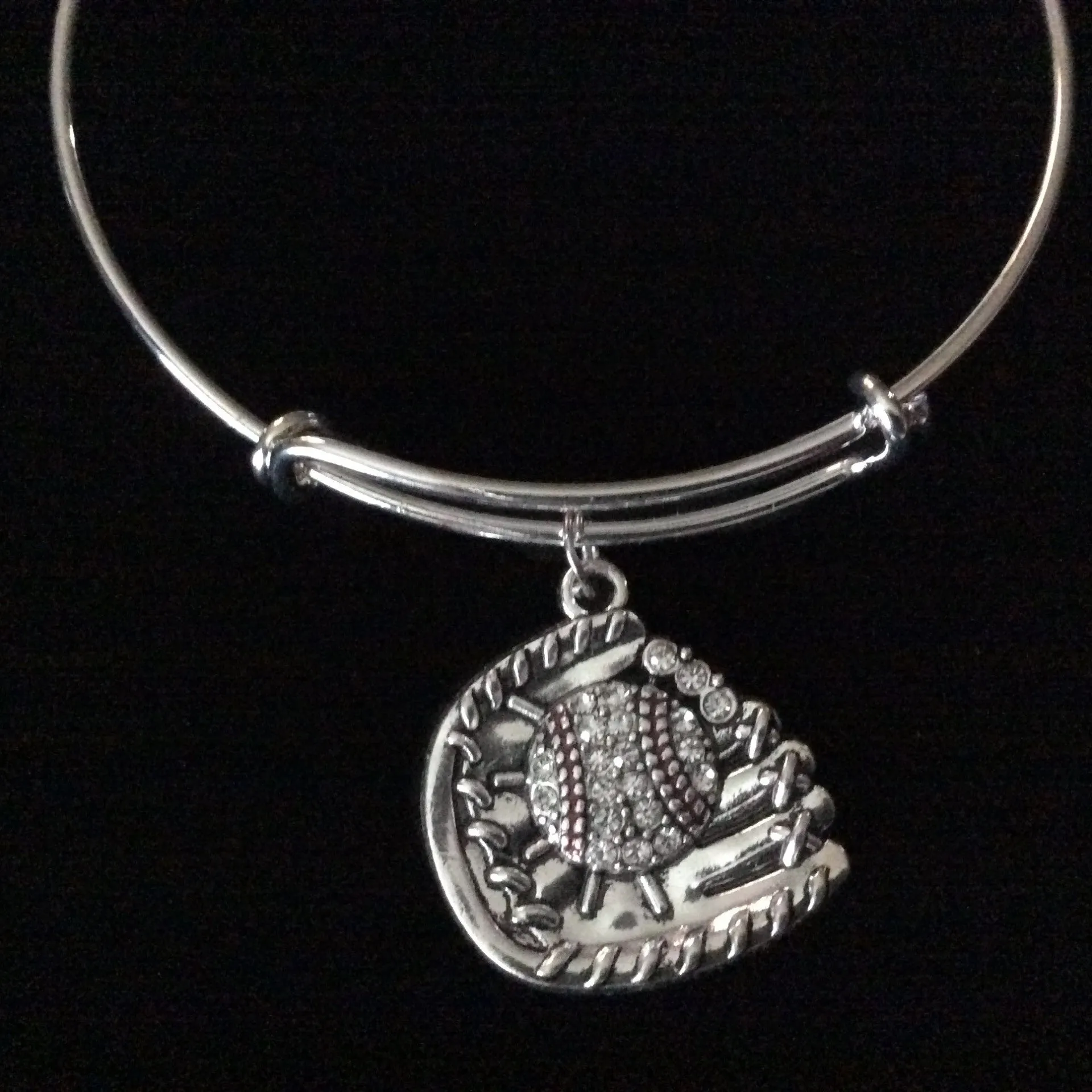 Crystal Baseball Mitt Charm on a Silver Expandable Bangle Bracelet Sports Team Coach Gift Adjustable