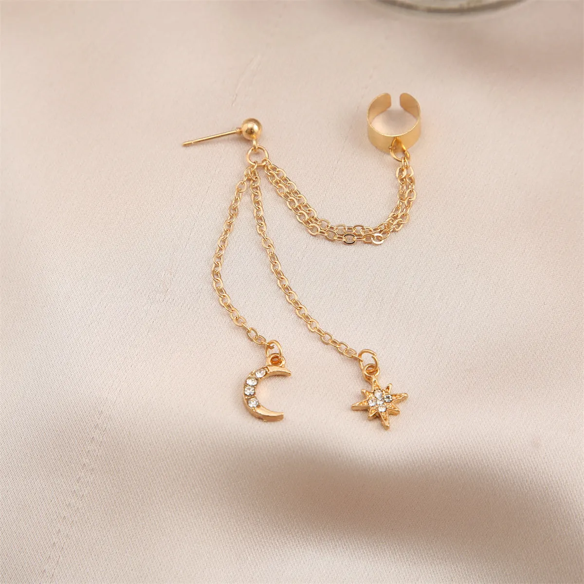Cubic Zirconia & 18K Gold-Plated Chain Ear Cuff & Celestial Drop Earring