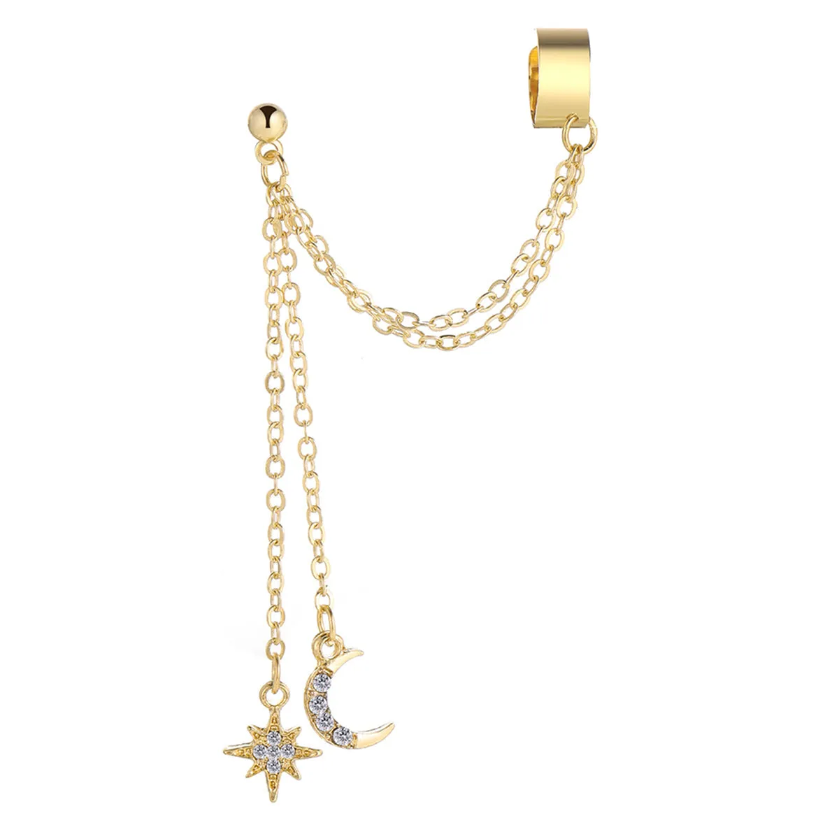 Cubic Zirconia & 18K Gold-Plated Chain Ear Cuff & Celestial Drop Earring