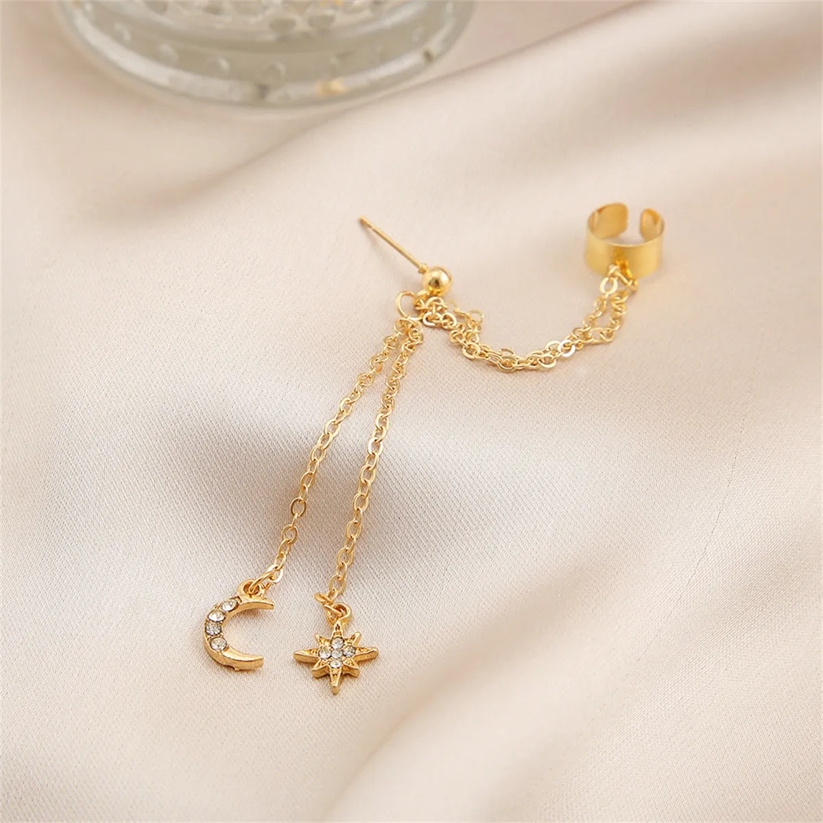 Cubic Zirconia & 18K Gold-Plated Chain Ear Cuff & Celestial Drop Earring