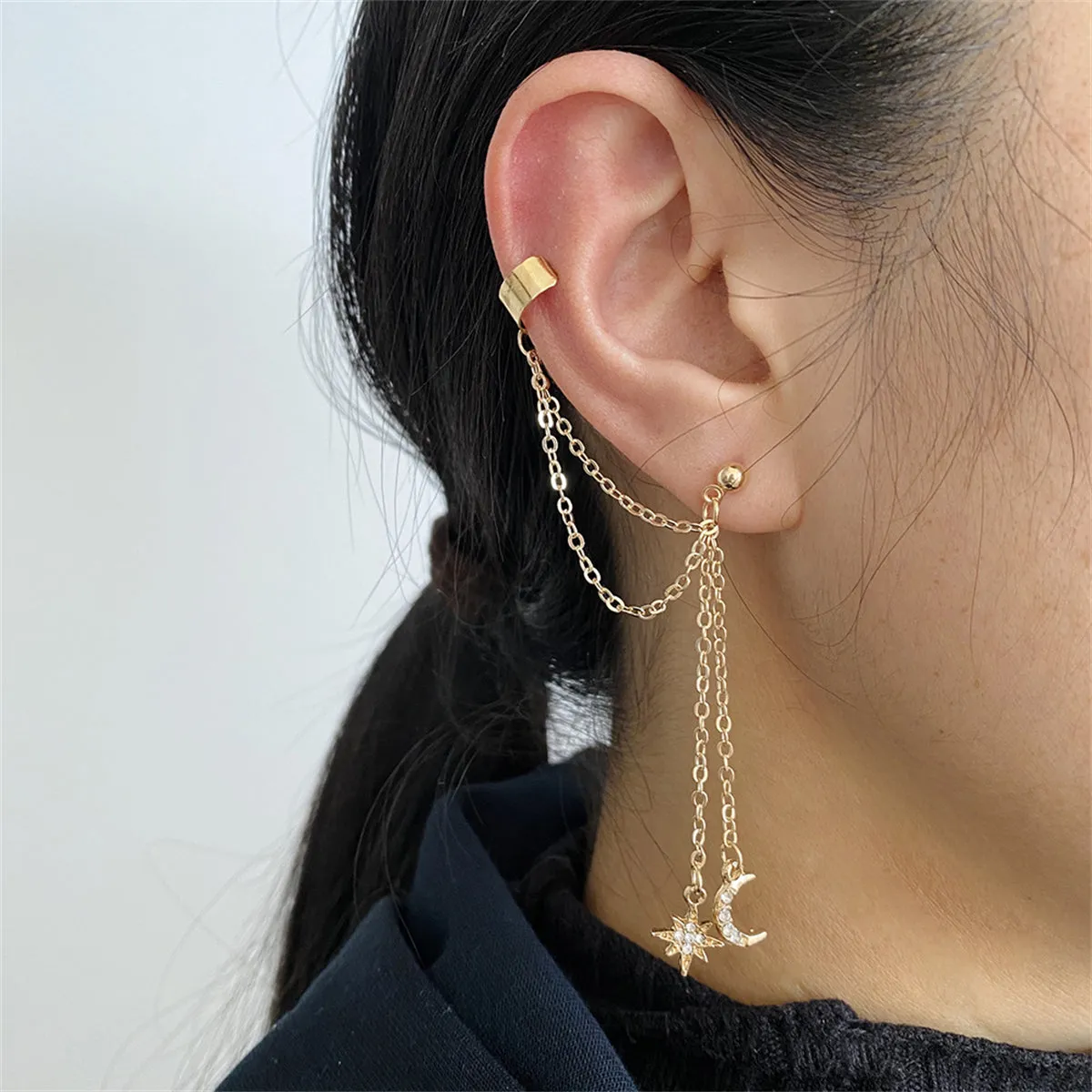 Cubic Zirconia & 18K Gold-Plated Chain Ear Cuff & Celestial Drop Earring
