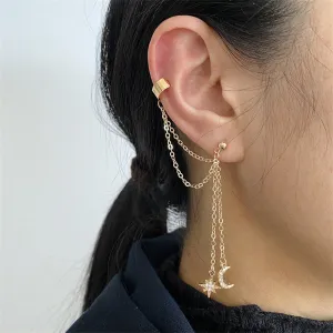 Cubic Zirconia & 18K Gold-Plated Chain Ear Cuff & Celestial Drop Earring