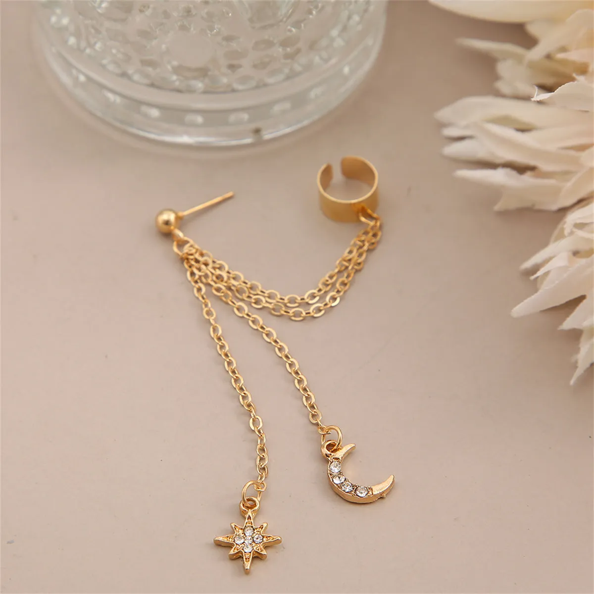 Cubic Zirconia & 18K Gold-Plated Chain Ear Cuff & Celestial Drop Earring