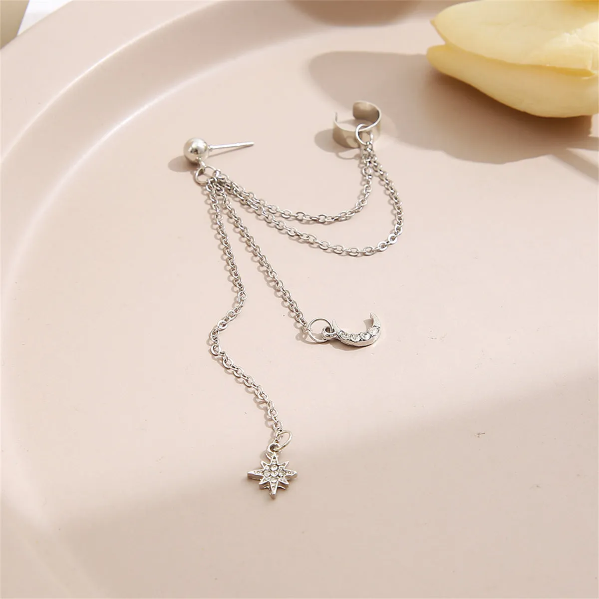 Cubic Zirconia & Silver-Plated Chain Ear Cuff & Celestial Drop Earring