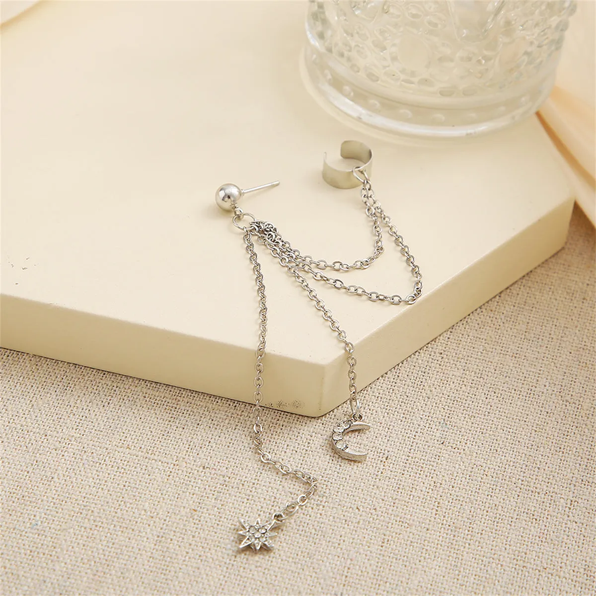 Cubic Zirconia & Silver-Plated Chain Ear Cuff & Celestial Drop Earring