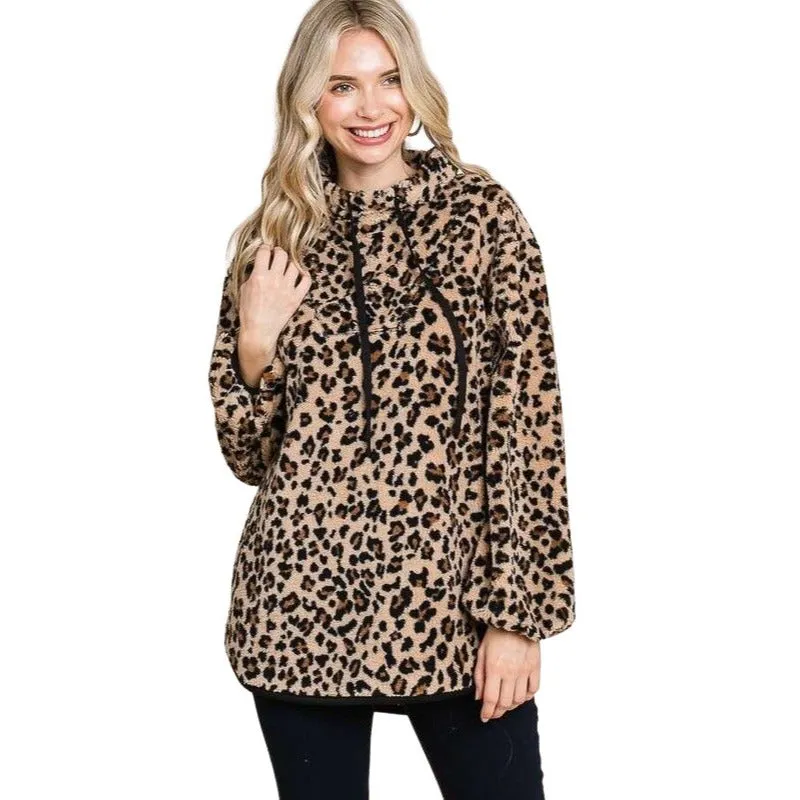 Culture Code Camo Print Faux Fur High Neck Binding Pullover Top CFU1316CP