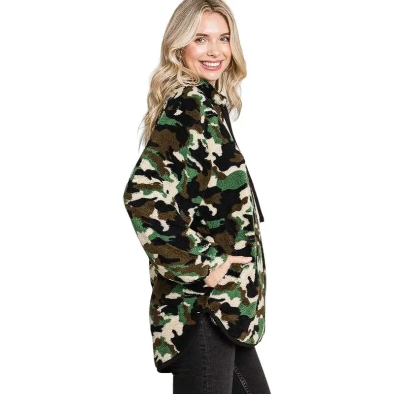 Culture Code Camo Print Faux Fur High Neck Binding Pullover Top CFU1316CP