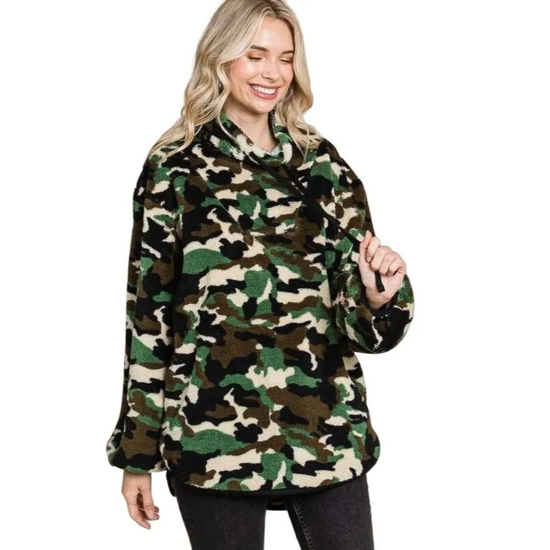 Culture Code Camo Print Faux Fur High Neck Binding Pullover Top CFU1316CP