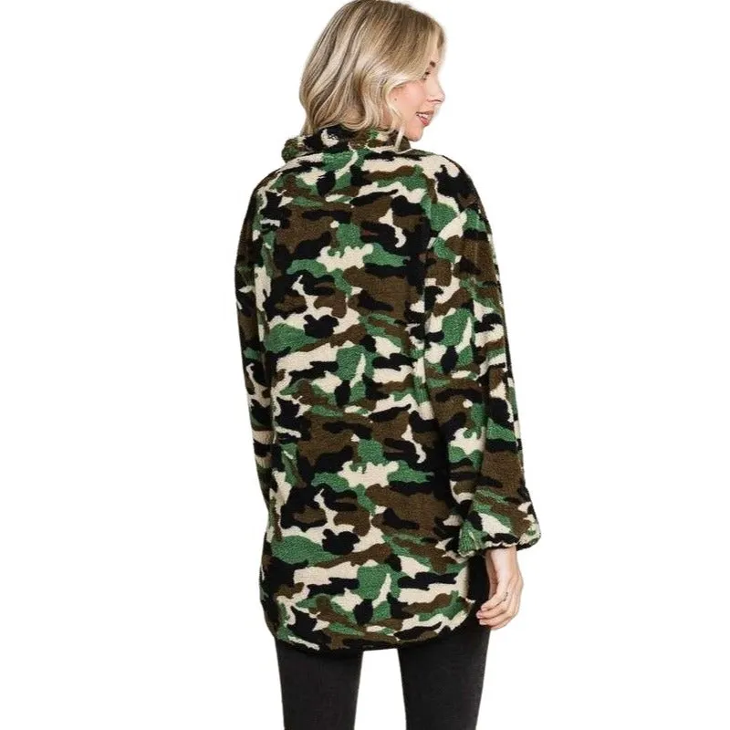 Culture Code Camo Print Faux Fur High Neck Binding Pullover Top CFU1316CP