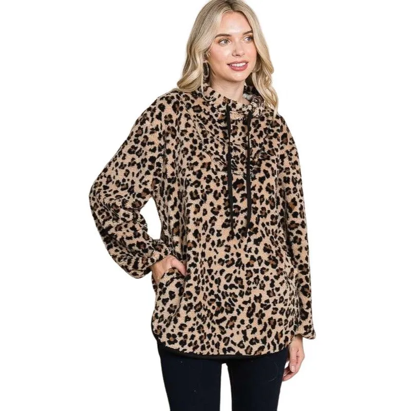 Culture Code Camo Print Faux Fur High Neck Binding Pullover Top CFU1316CP