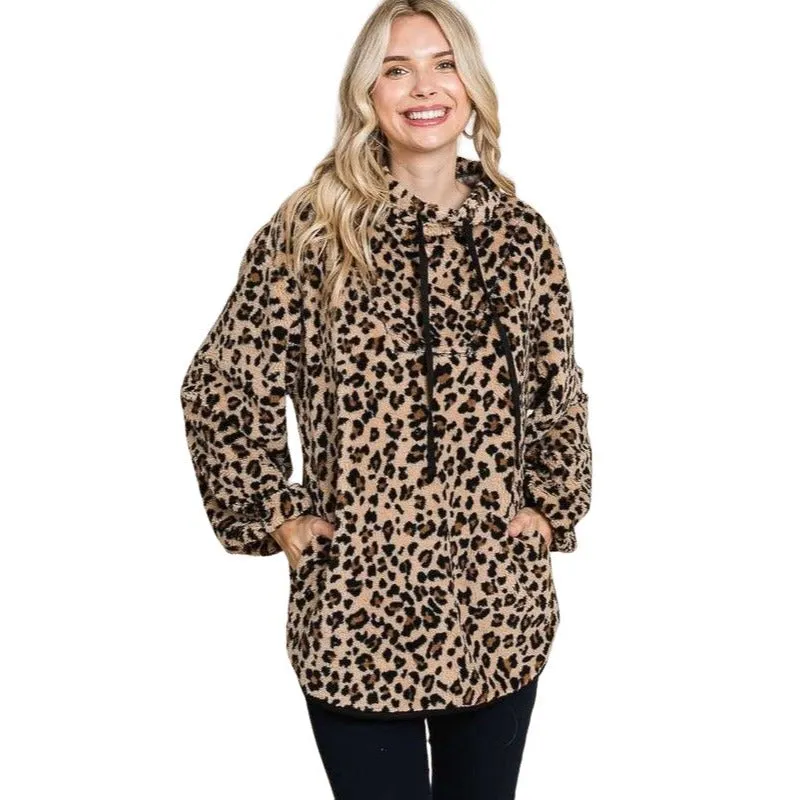 Culture Code Camo Print Faux Fur High Neck Binding Pullover Top CFU1316CP