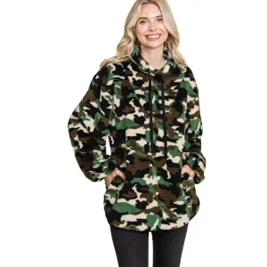 Culture Code Camo Print Faux Fur High Neck Binding Pullover Top CFU1316CP