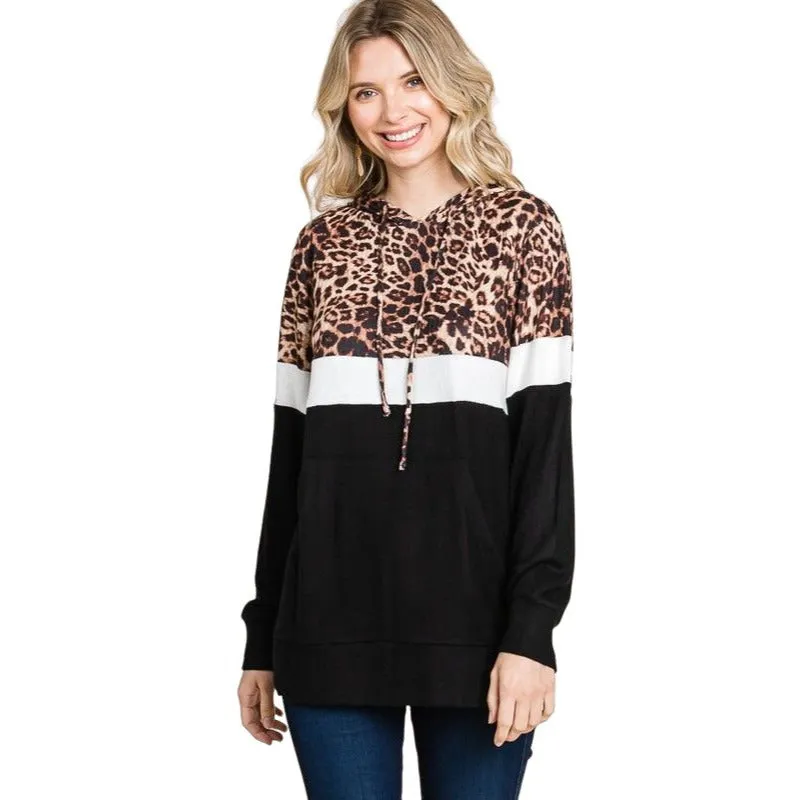 Culture Code's Black Color Block Animal Print Long Sleeve Hoodie CHH1350L