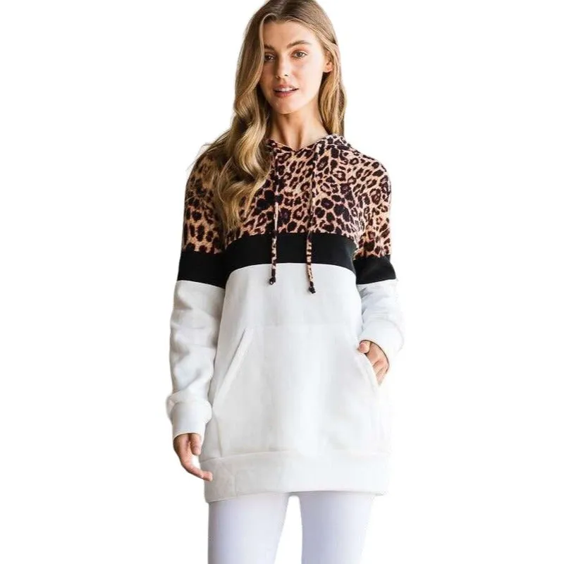 Culture Code's Black Color Block Animal Print Long Sleeve Hoodie CHH1350L