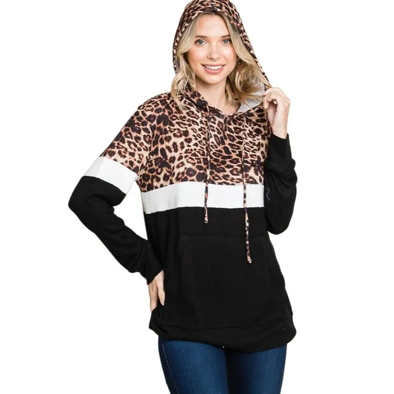 Culture Code's Black Color Block Animal Print Long Sleeve Hoodie CHH1350L