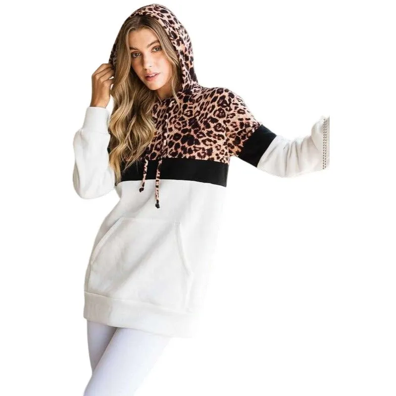 Culture Code's Black Color Block Animal Print Long Sleeve Hoodie CHH1350L