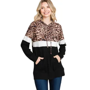 Culture Code's Black Color Block Animal Print Long Sleeve Hoodie CHH1350L