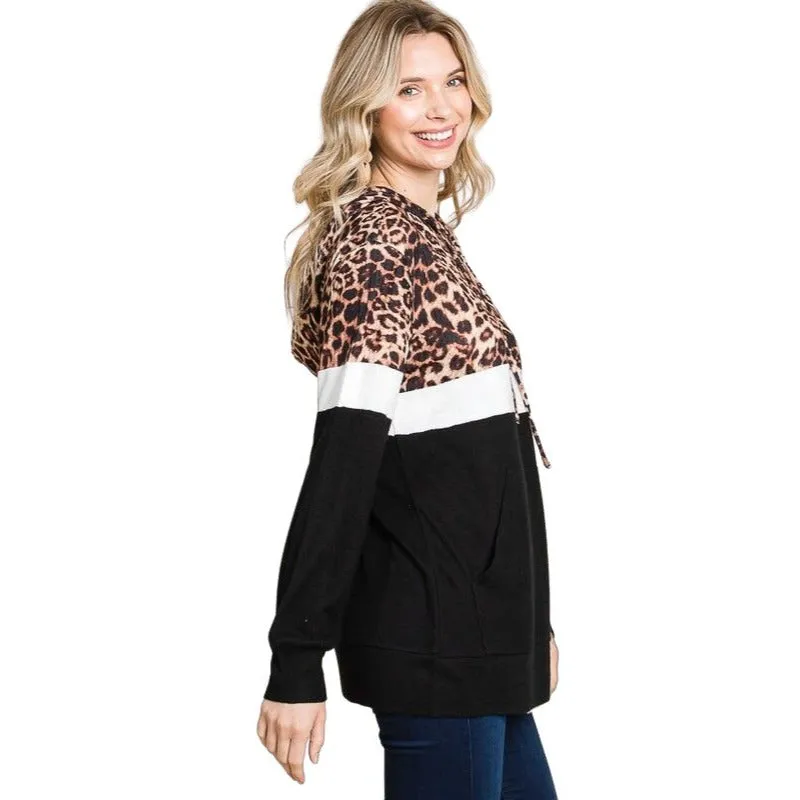 Culture Code's Black Color Block Animal Print Long Sleeve Hoodie CHH1350L