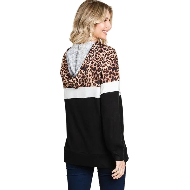 Culture Code's Black Color Block Animal Print Long Sleeve Hoodie CHH1350L