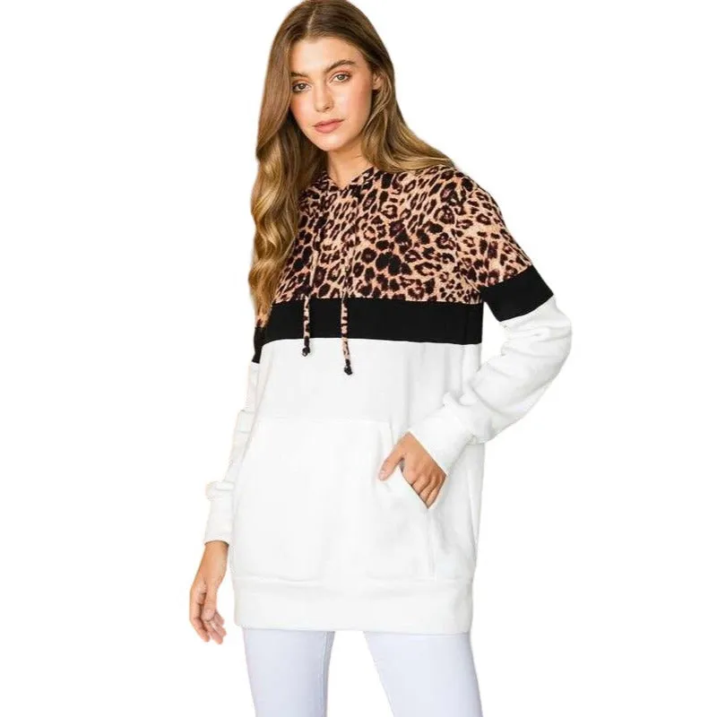 Culture Code's Black Color Block Animal Print Long Sleeve Hoodie CHH1350L
